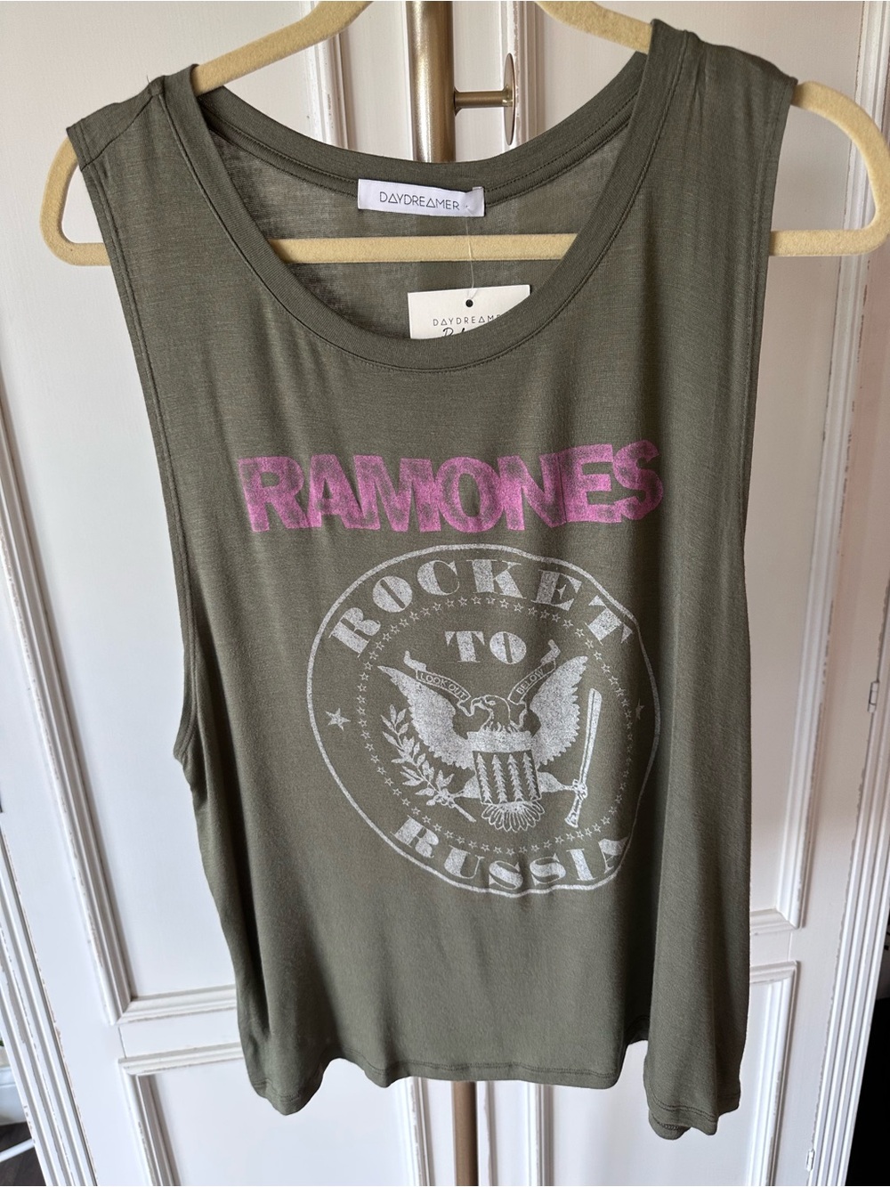 Daydreamer Olive Graphic Tank with Pink RAMONES Logo
